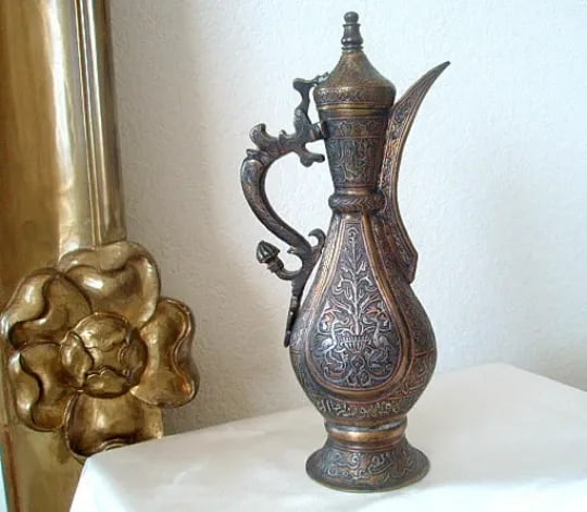 Antique Aftaba Ewer Teapot Silver Chased Tombac Kashmir Bukhara Hamsa Goose Nastaliq Naskh Script - 7