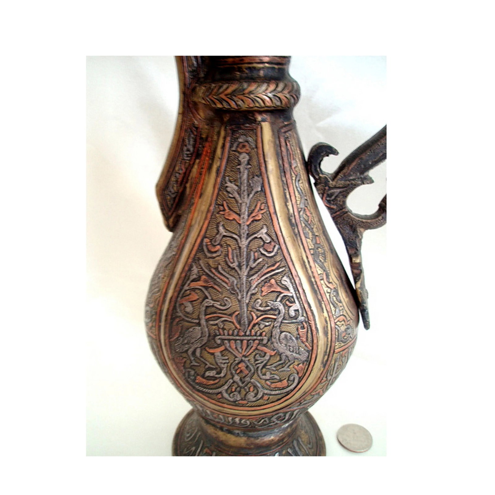 Antique Aftaba Ewer Teapot Silver Chased Tombac Kashmir Bukhara Hamsa Goose Nastaliq Naskh Script - 8