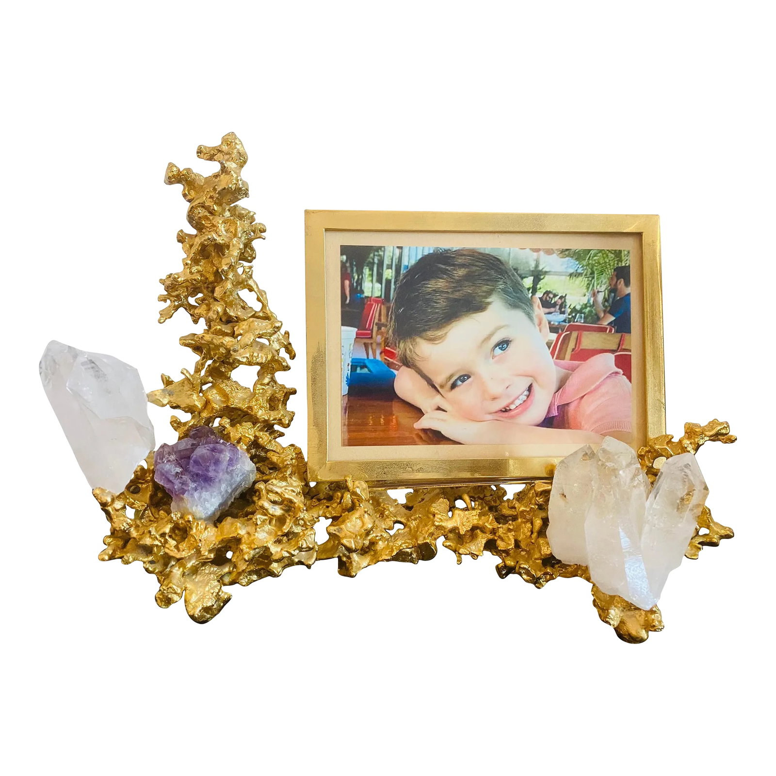 Claude Victor Boeltz French 1970s Gold Bronze Crystal Amethyst Picture Frame: A French 1970s sculptural bronze gold dipped frame with three large crystal clusters by the artist, Claude Victor Boeltz. The frame can be arranged horizontally or vertical according to preference. Si
