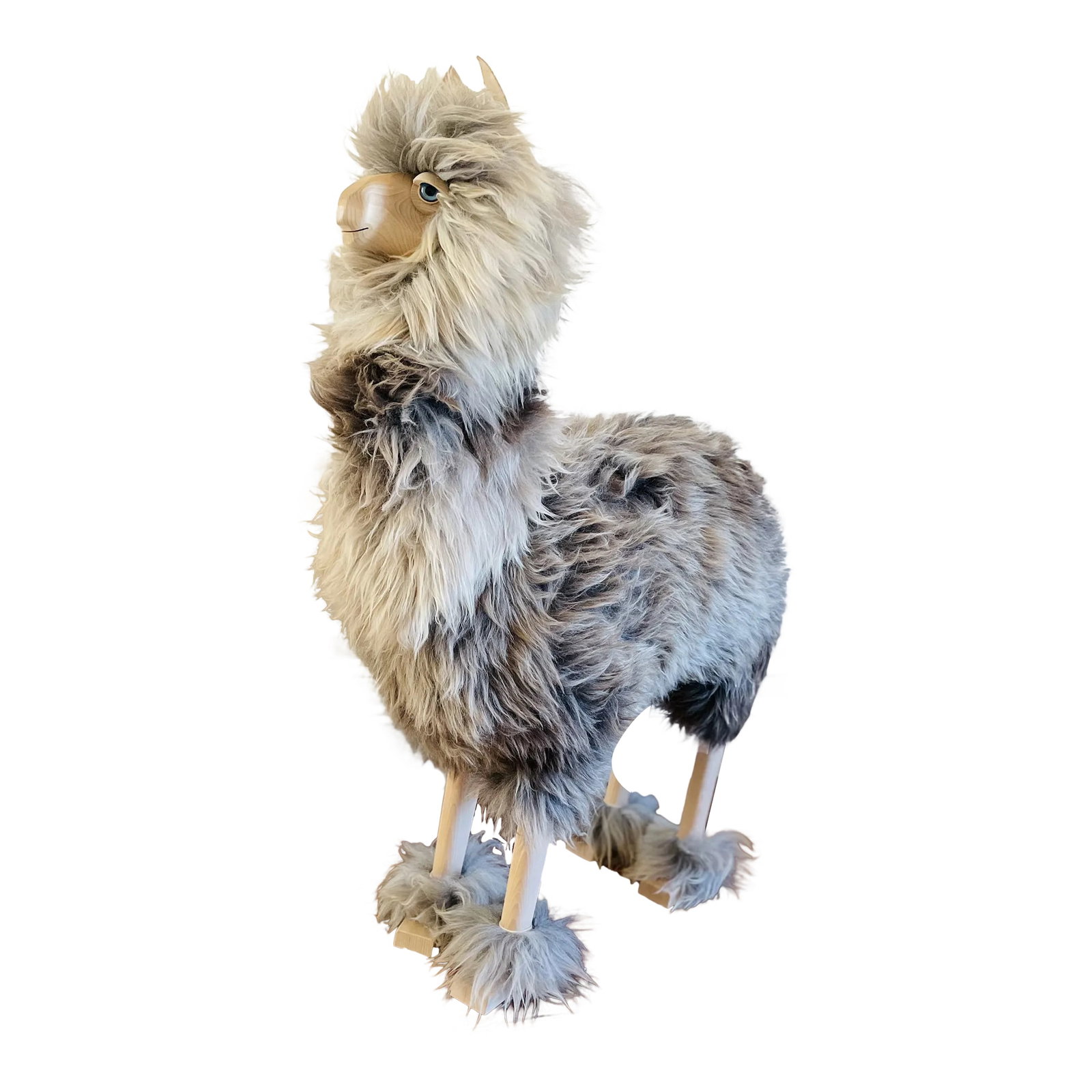 Lalanne Style Life-Size Wood Alpaca Stool or Statue: Designed and manufactured in Europe, this life-size alpaca is made of carved wood, brown and cream sheepskin fur, leather and wood. Condition: Alterations: Original Condition Unaltered Imperfections: 