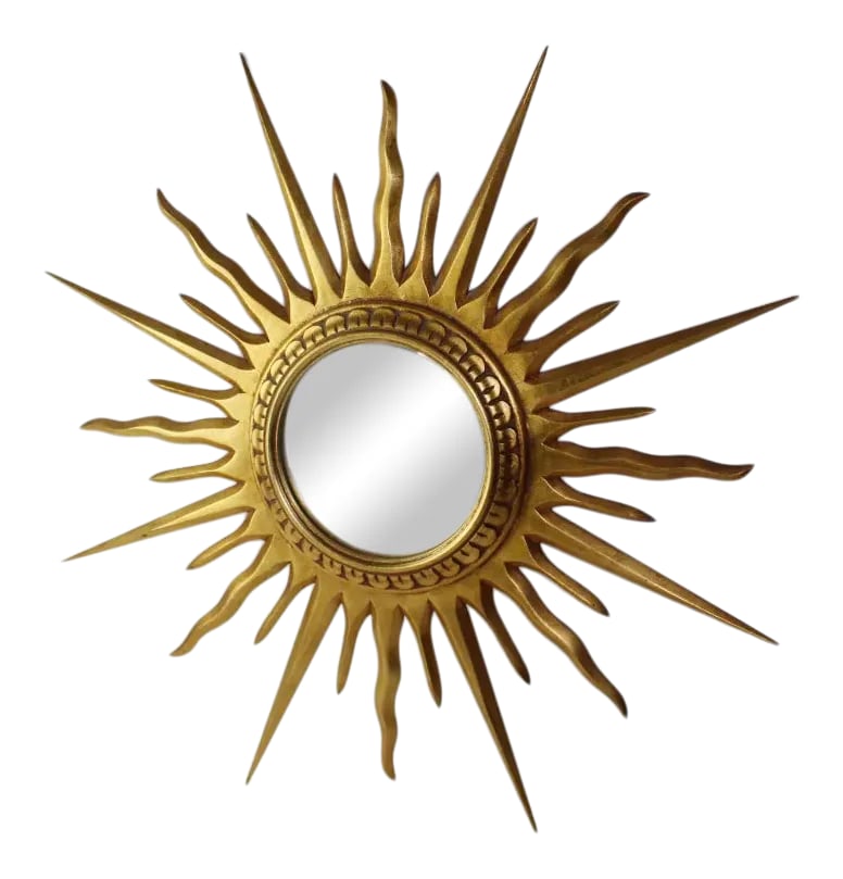 1960s Mid Century Gilt Wood Sunburst Mirror With Convex Glass: Mid Century gilt wood sunburst mirror with convex glass. Old label on the back "C.D.V. Bruxelles. Garanti Bois Sculpte" (Made in Brussels guaranteed carved wood. This mirror is so awesome. Condition: 