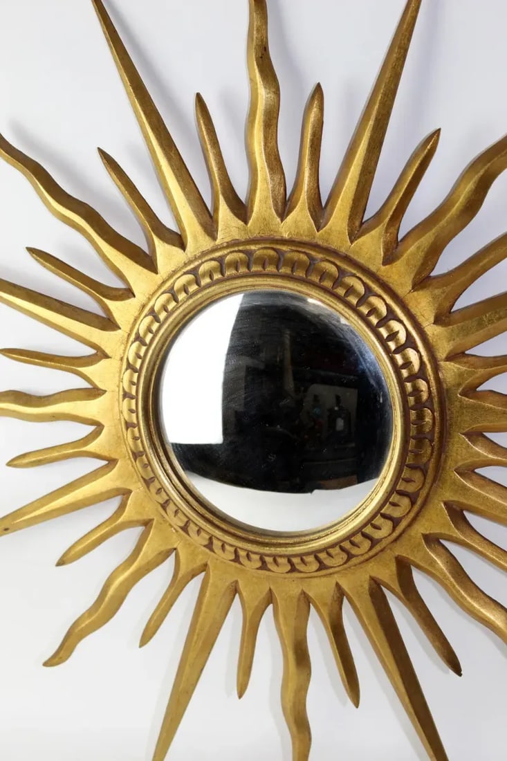 1960s Mid Century Gilt Wood Sunburst Mirror With Convex Glass - 5