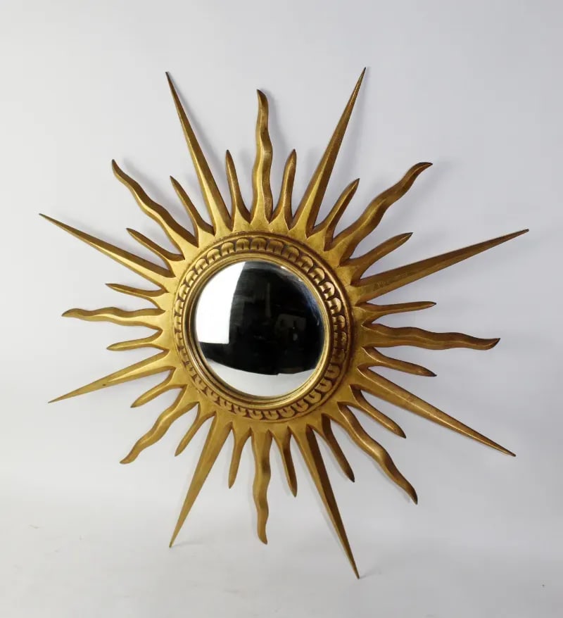 1960s Mid Century Gilt Wood Sunburst Mirror With Convex Glass - 6