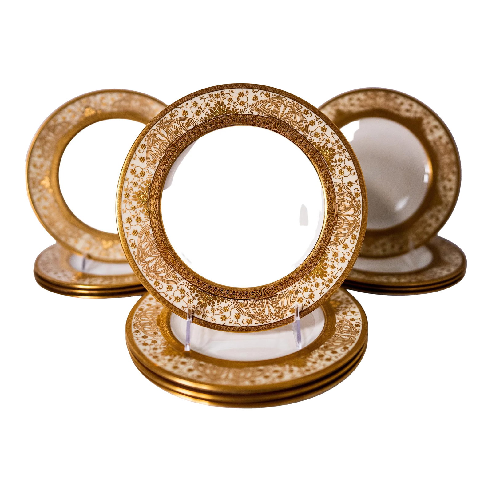 Antique Gilt Encrusted Dessert-Lunch Plates for Marshall Fields Chicago - Set of 12: A great set of gilded dessert, first course or salad plate (nice clear centers) with an Art Nouveau raised gilt foliate design. Custom ordered through the fine Gilded Age Retailer, Marshall Fields