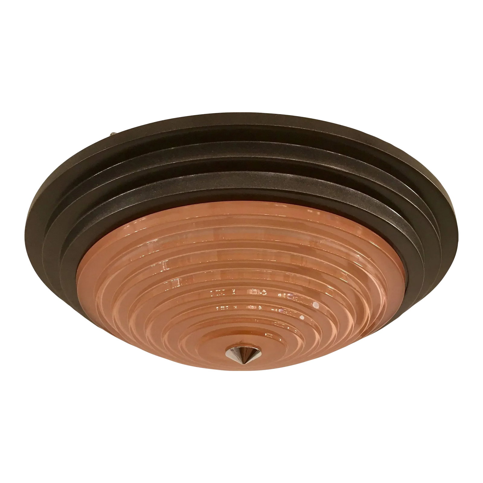 Fontana Arte Daniela Puppa and Franco Raggi, 1980s Crystal Flush Light: An original 1988, Fontana Arte model # 2792 flush ceiling light composed of a mate gun metal frame and a pale pink tiered glass crystal shade with decorative chrome pointed finial. Newly Rewired.