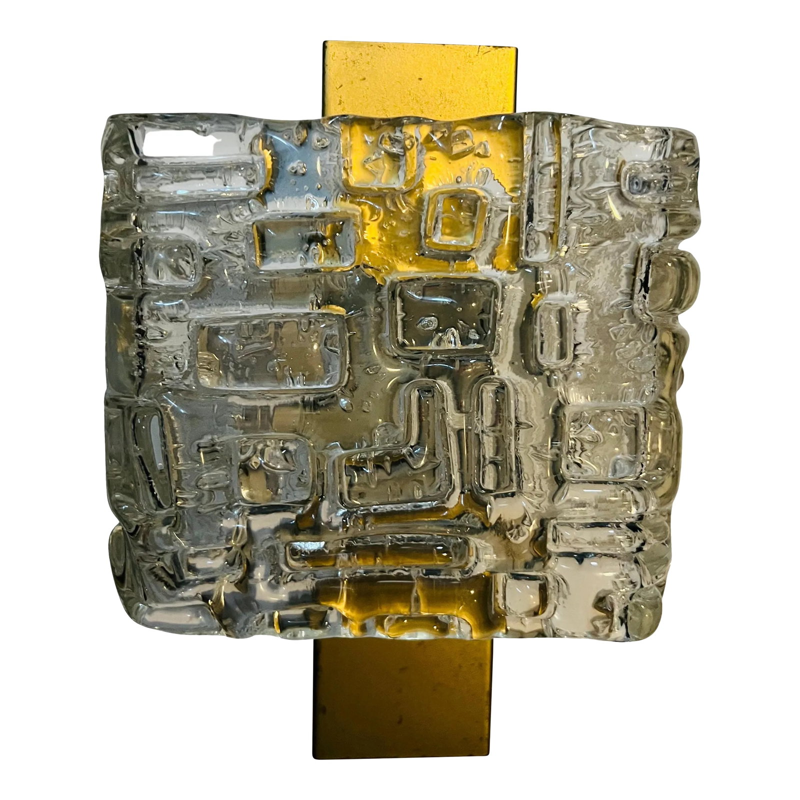 Kaiser Glass 1960s Wall Light: A 1960s space age German wall light with a text glass shade and matte gold enamel frame. Rewired. Condition: Alterations: Restored Imperfections: Some Imperfections Condition Notes: Good Rewired: Rewi