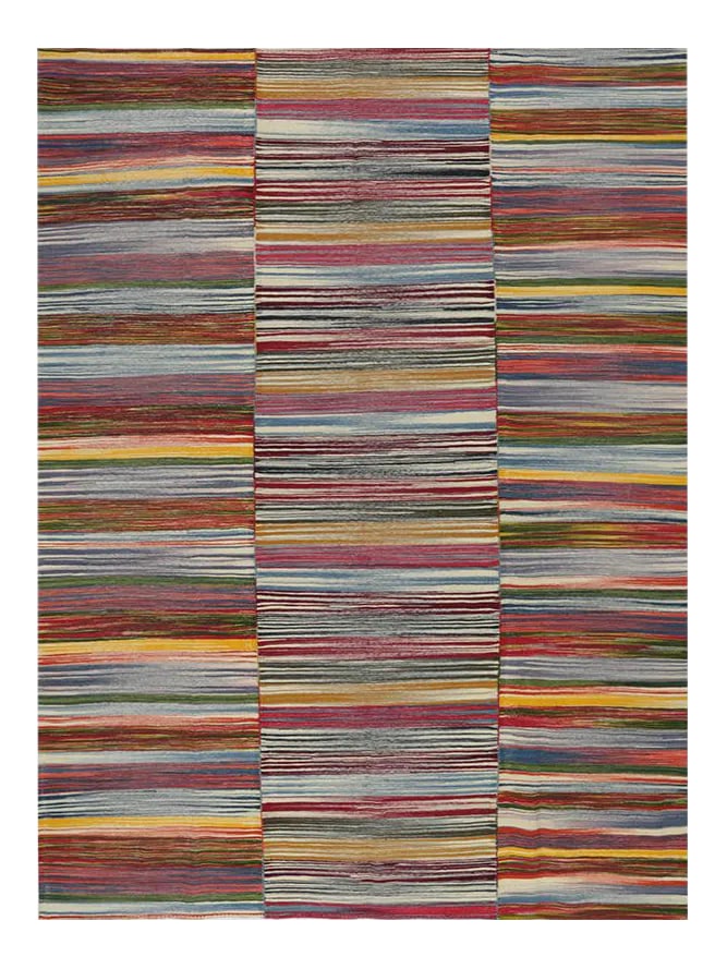 Handwoven Scandinavian Style Persian Kilim Area Rug 7'3'' X 9'5'': ACTUAL SIZE: 7'3'' x 9'5'' PRIMARY COLOR: Multi AGE: New MATERIALS: Wool FOUNDATION: Cotton PRODUCTION: Handwoven, Flat Weave CONDITION: Excellent Condition: Imperfections: No Imperfections Condition