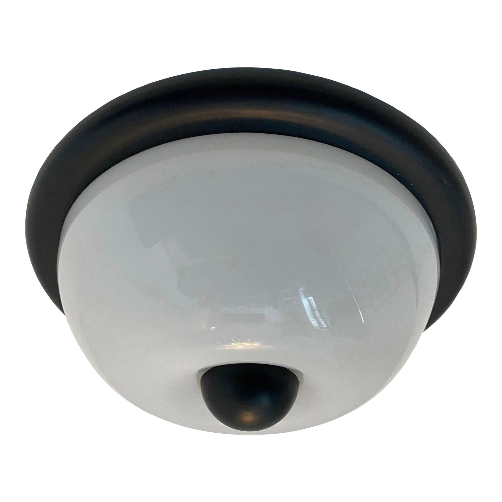 1980s Italian Art Tech Fabbian Flush Light Sconce: A 1980s high impact flush ceiling or wall light composed a black enamel frame and finial and a white resin shade. Made by the Italian lighting maker, Fabbian. Rewired. Condition: Alterations:
