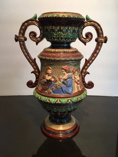 Large 19th Century Majolica 2 Handled Urn by Wilhelm Schiller and Son - 2