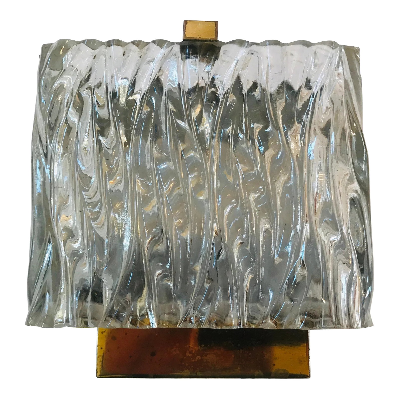 Maison Arlus French 1960s Glass Wall Light: A Maison Arlus French wall light composed of a thick wavy ribbon glass shade and a polished brass frame. Two e12 60w candelabra sockets. Newly Rewired Condition: Alterations: Original Condition Unalte