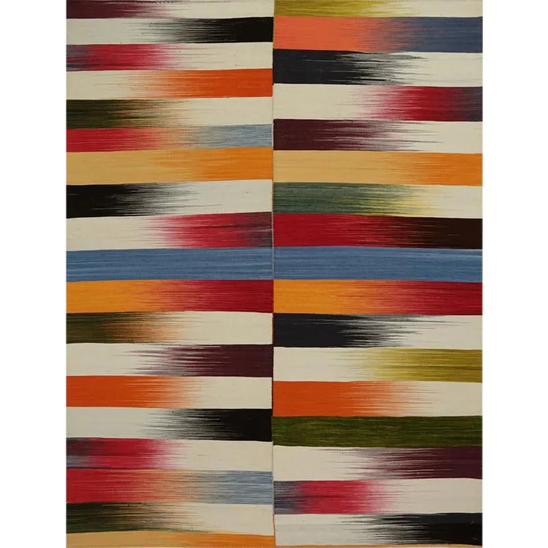 Handwoven Scandinavian Style Persian Kilim Area Rug 5'0'' X 6'5'': This remarkable contemporary Scandinavian Style Kilim area rug features a dramatic pop of electrifying colors in a playfully rich design. The innovative modern use of colors certainly brings a