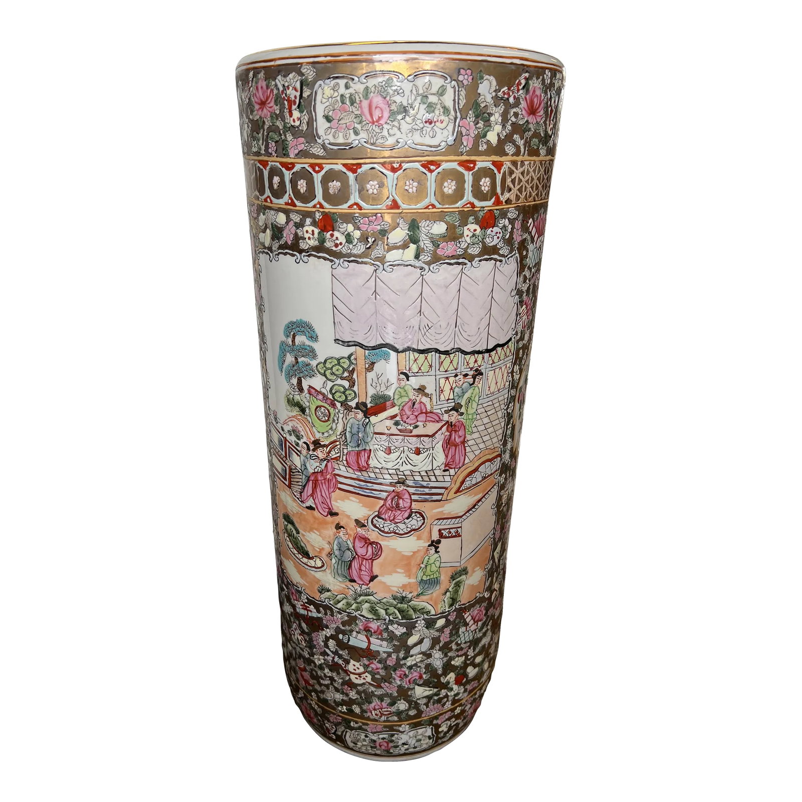 Mid Century Asian Umbrella/Cane Stand With Gold Accents Rose Medallion Style: The large 24" tall cylinder porcelain stand is beautifully handpainted with a lot of gold in a lush and colorful design, this umbrella stand features traditional floral and narrative scenes. Chinese p