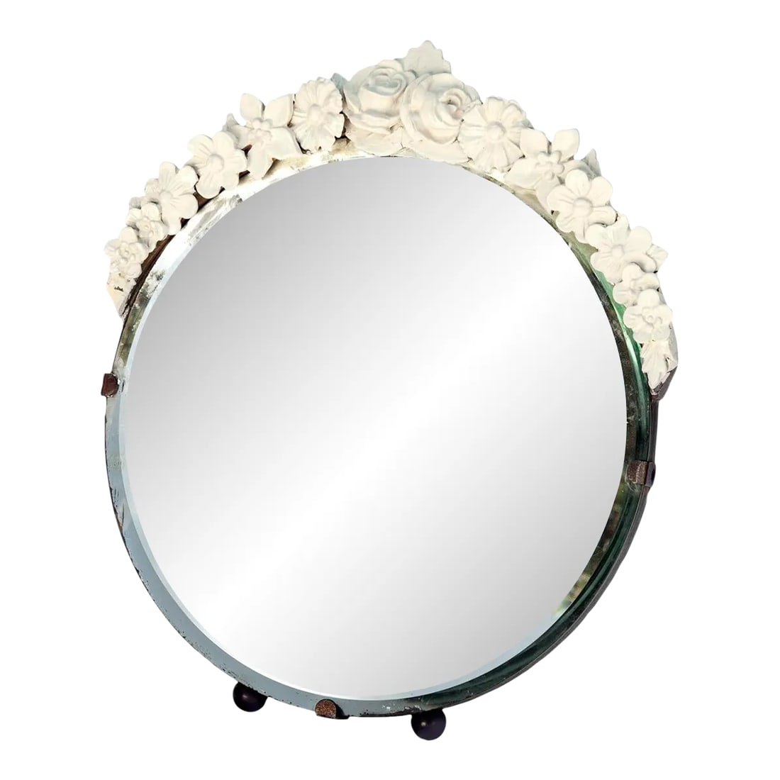 Early 20th Century Original Art Deco Beveled Free Standing Barbola Mirror on Ball Feet: Original Art Deco antique English round beveled Barbola mirror with flowers that flow across the top, now finished in smooth aged white paint. The mirror has the original hardwood back & easel There