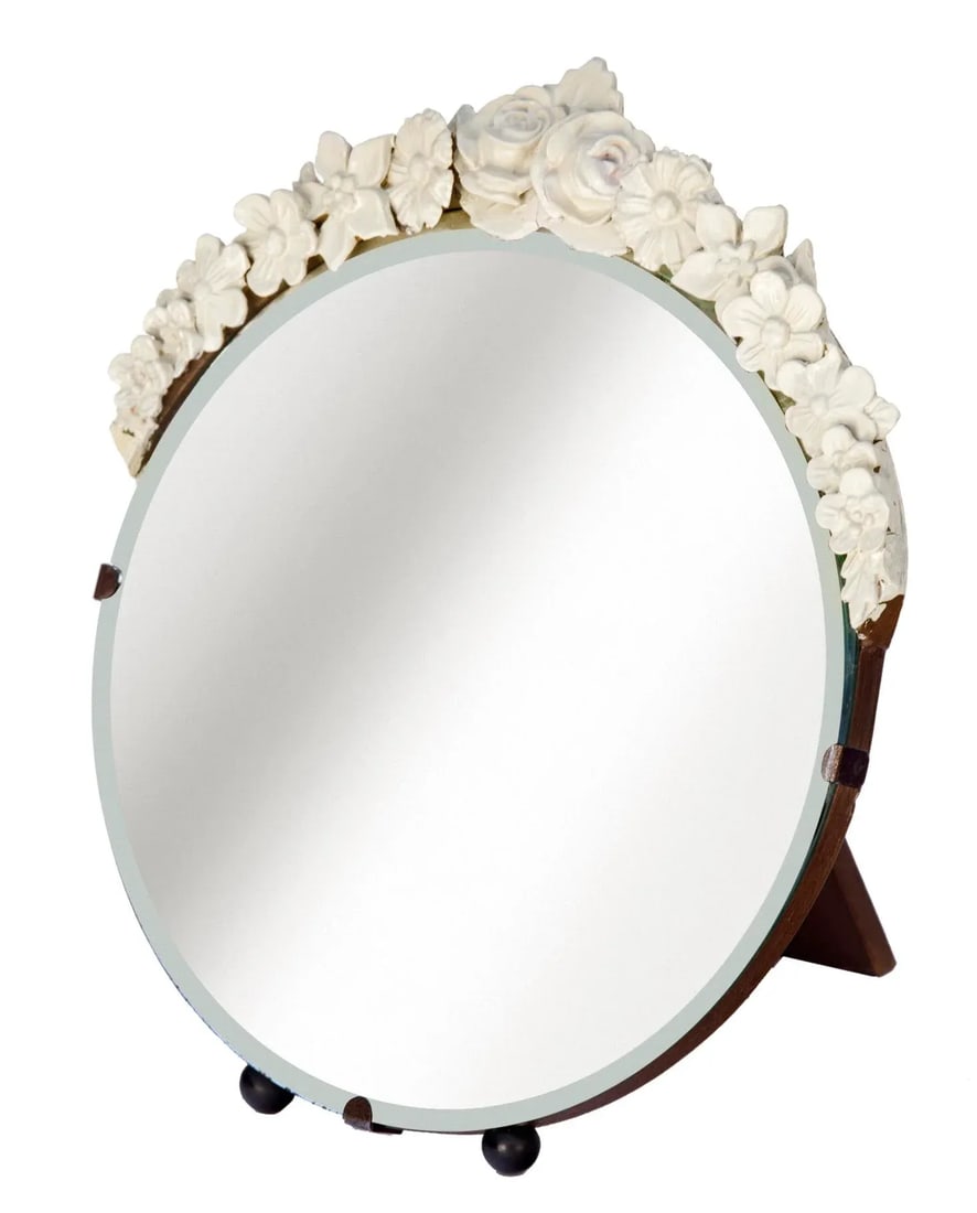 Early 20th Century Original Art Deco Beveled Free Standing Barbola Mirror on Ball Feet - 2