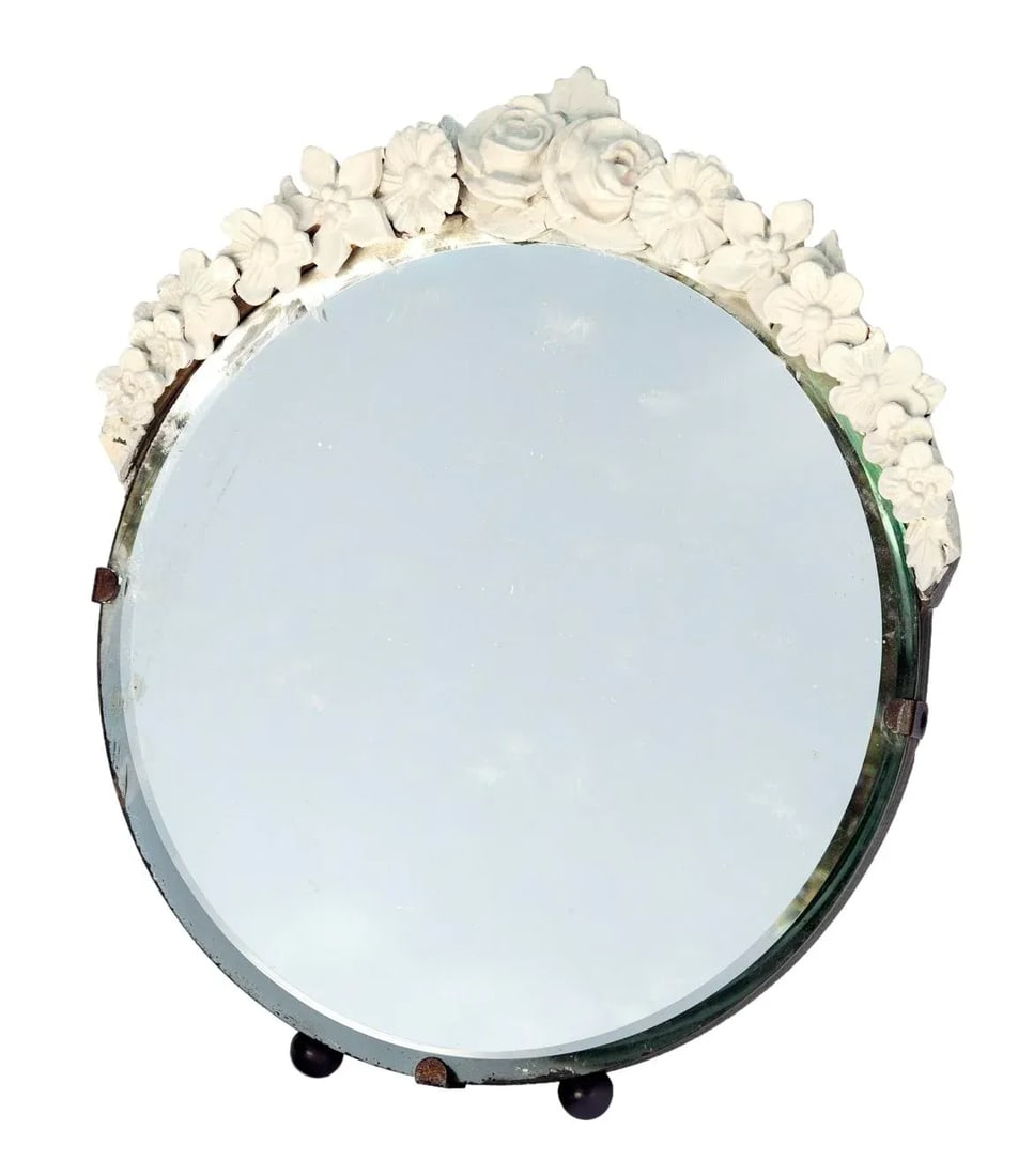 Early 20th Century Original Art Deco Beveled Free Standing Barbola Mirror on Ball Feet - 6