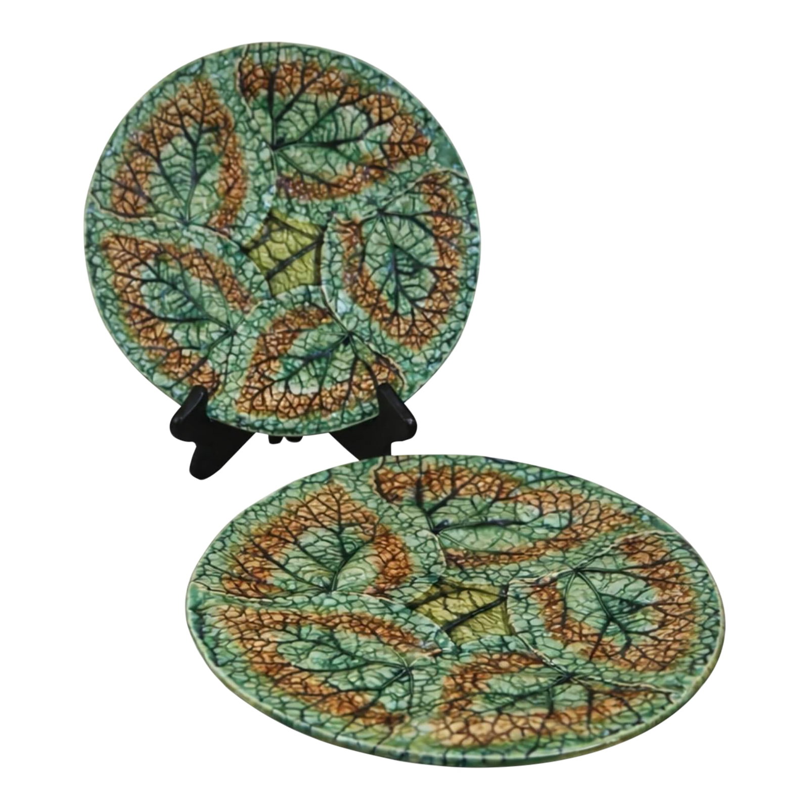 Antique 1879 Griffen Smith Hill Begonia Majolica Plates - Etruscan Pottery Pair: A beautiful and increasingly collectible pair of antique American majolica plates produced by Griffen, Smith & Hill of Trenton, New Jersey. These plates feature the iconic Begonia pattern introduced i