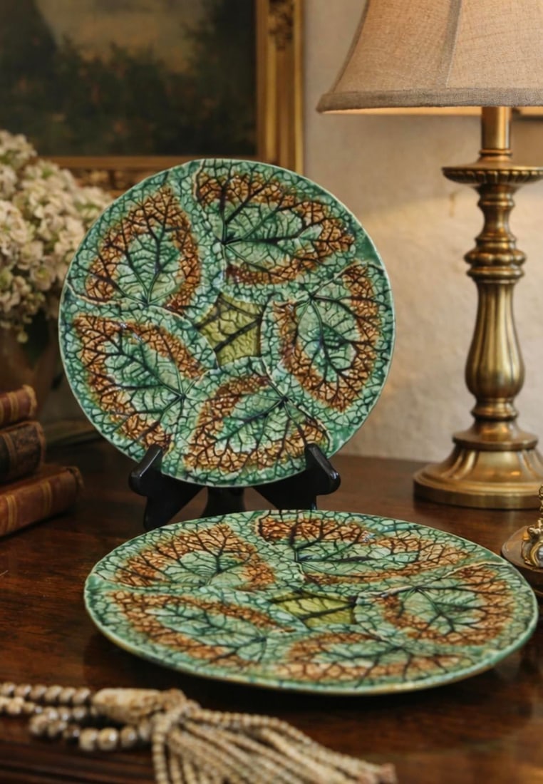 Antique 1879 Griffen Smith Hill Begonia Majolica Plates - Etruscan Pottery Pair - 2