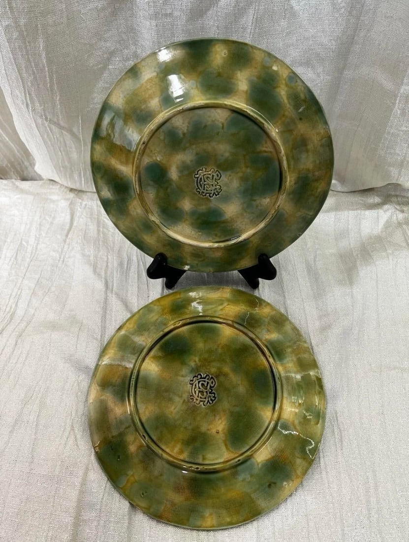 Antique 1879 Griffen Smith Hill Begonia Majolica Plates - Etruscan Pottery Pair - 3