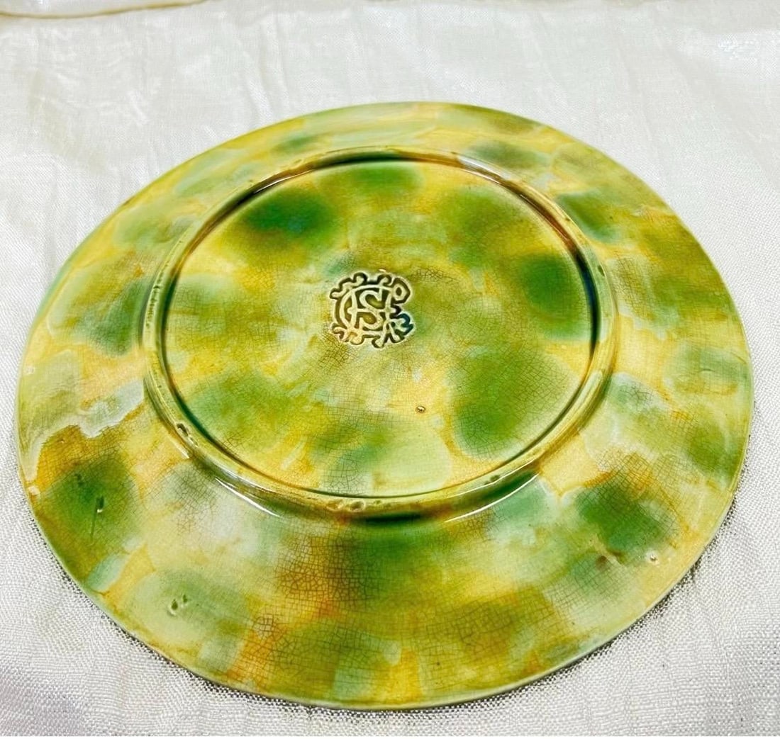 Antique 1879 Griffen Smith Hill Begonia Majolica Plates - Etruscan Pottery Pair - 4