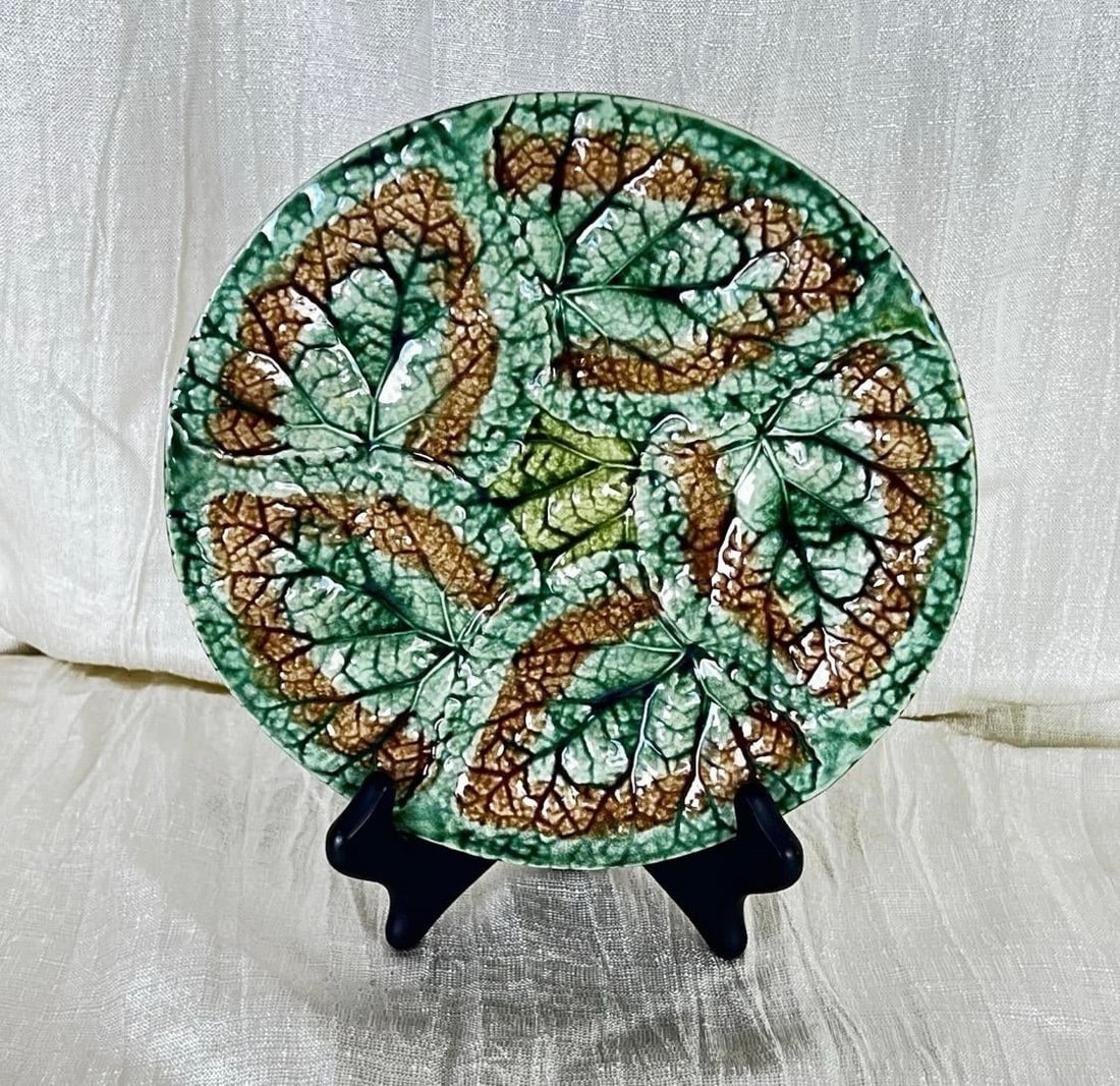 Antique 1879 Griffen Smith Hill Begonia Majolica Plates - Etruscan Pottery Pair - 5