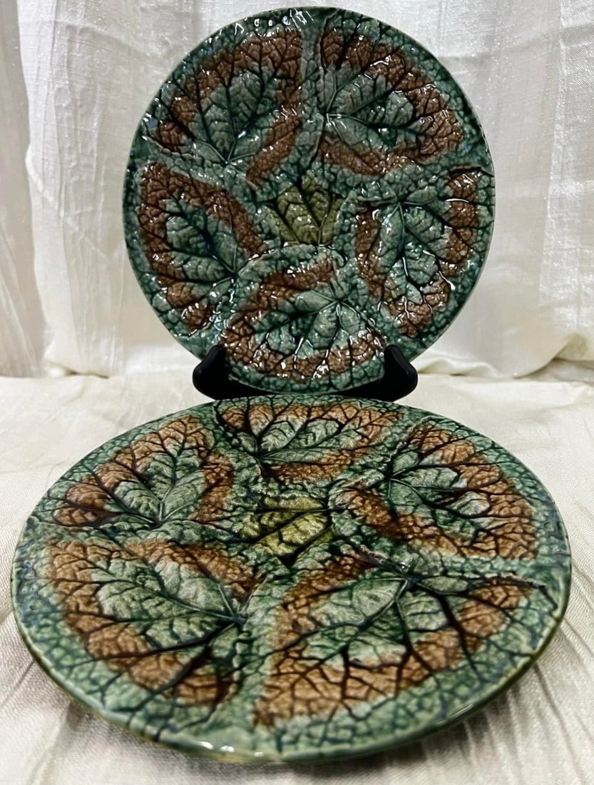 Antique 1879 Griffen Smith Hill Begonia Majolica Plates - Etruscan Pottery Pair - 6