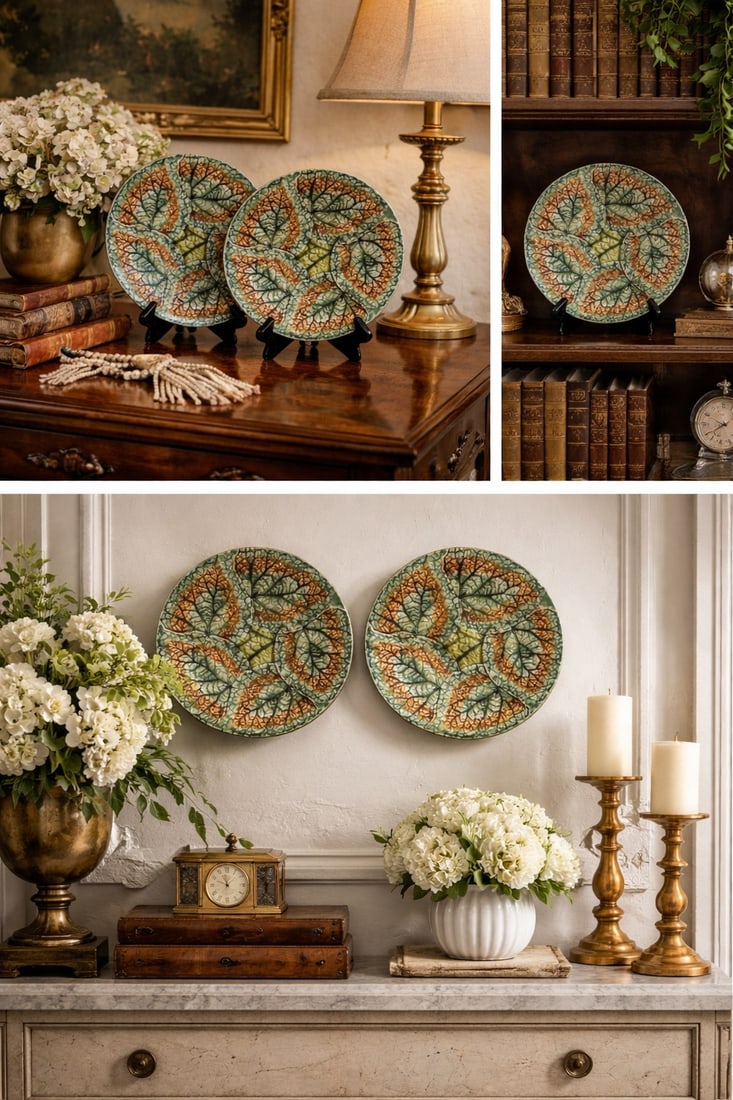 Antique 1879 Griffen Smith Hill Begonia Majolica Plates - Etruscan Pottery Pair - 8