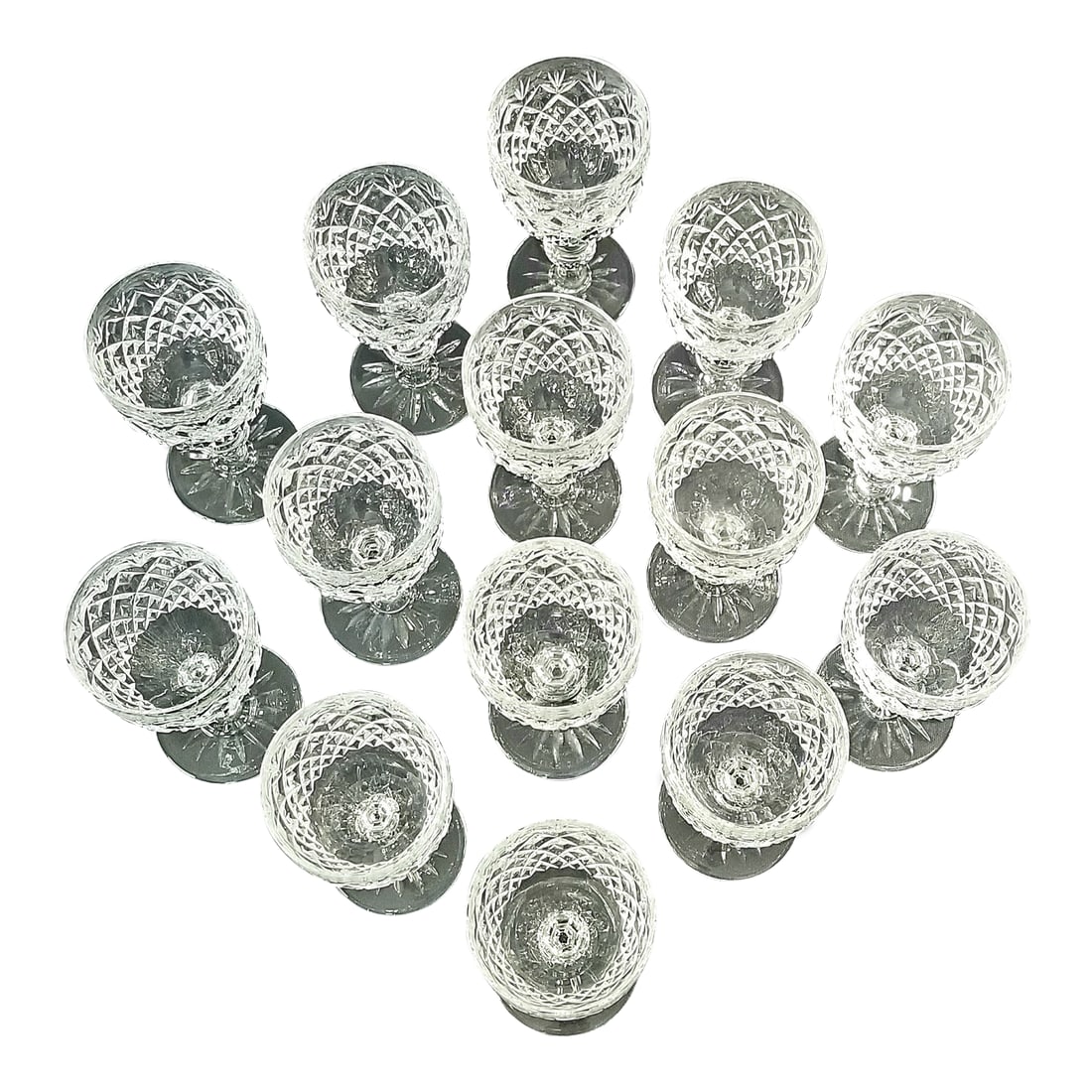 1970s Imperial Crystal Empress Glasses - Set of 14: Set of 14 vintage Imperial Crystal, Empress wine glass. Hand blown with a criss/cross pattern with a six sided stem with a texture ring. This beautiful glass is 5 3/4 in tall and 2 2/3 in wide.