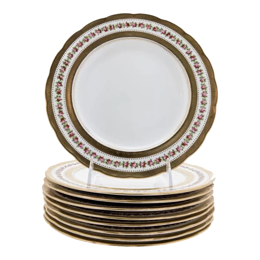 Scalloped Edge Antique English Dessert Plates, Rose and Gilt Design - Set of 10: From the storied English firm of George Jones & Sons, this pretty set of dessert or first course plates features hand painted roses and gilt trimmed edges. Custom ordered through the fine gilded age