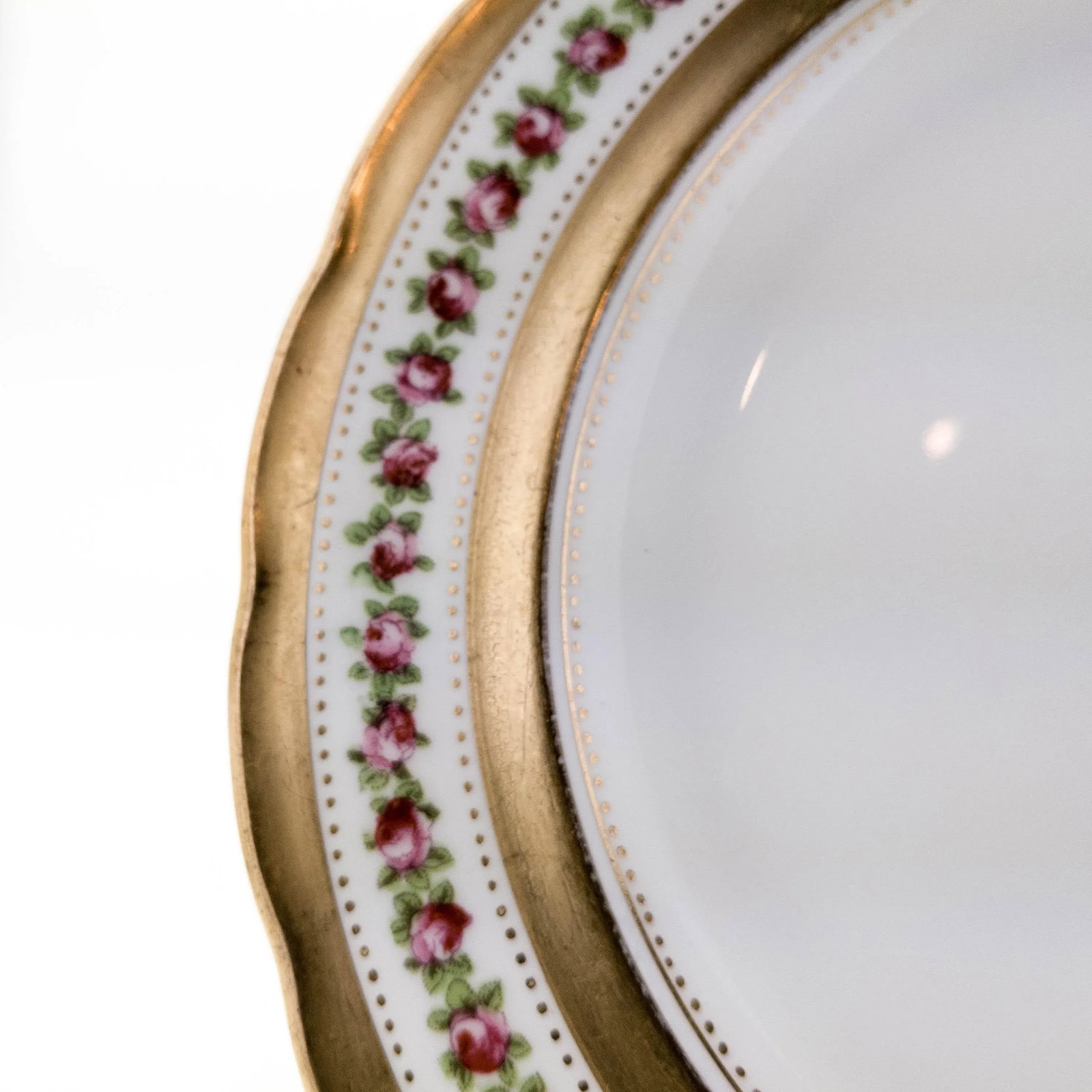 Scalloped Edge Antique English Dessert Plates, Rose and Gilt Design - Set of 10 - 2
