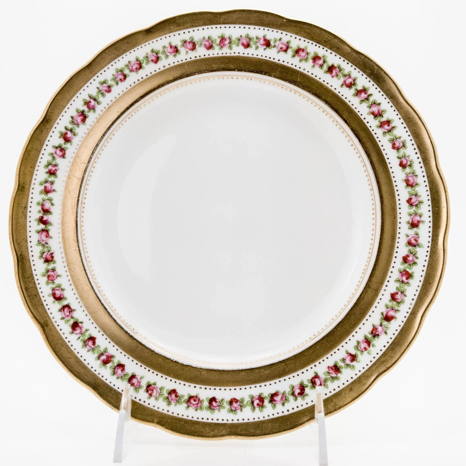 Scalloped Edge Antique English Dessert Plates, Rose and Gilt Design - Set of 10 - 5
