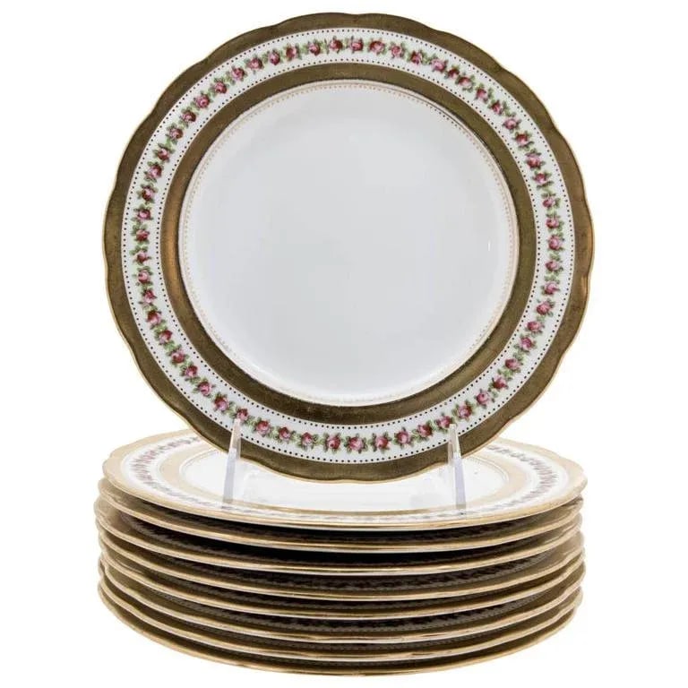 Scalloped Edge Antique English Dessert Plates, Rose and Gilt Design - Set of 10 - 7