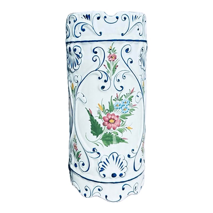 1970s Porcelain Umbrella Stand: This vintage Portuguese ceramic umbrella stand is hand-painted with blue, green, and rose pink. Features scalloped edges and detailed hand-painted floral motifs. Condition: Alterations: Original Condi
