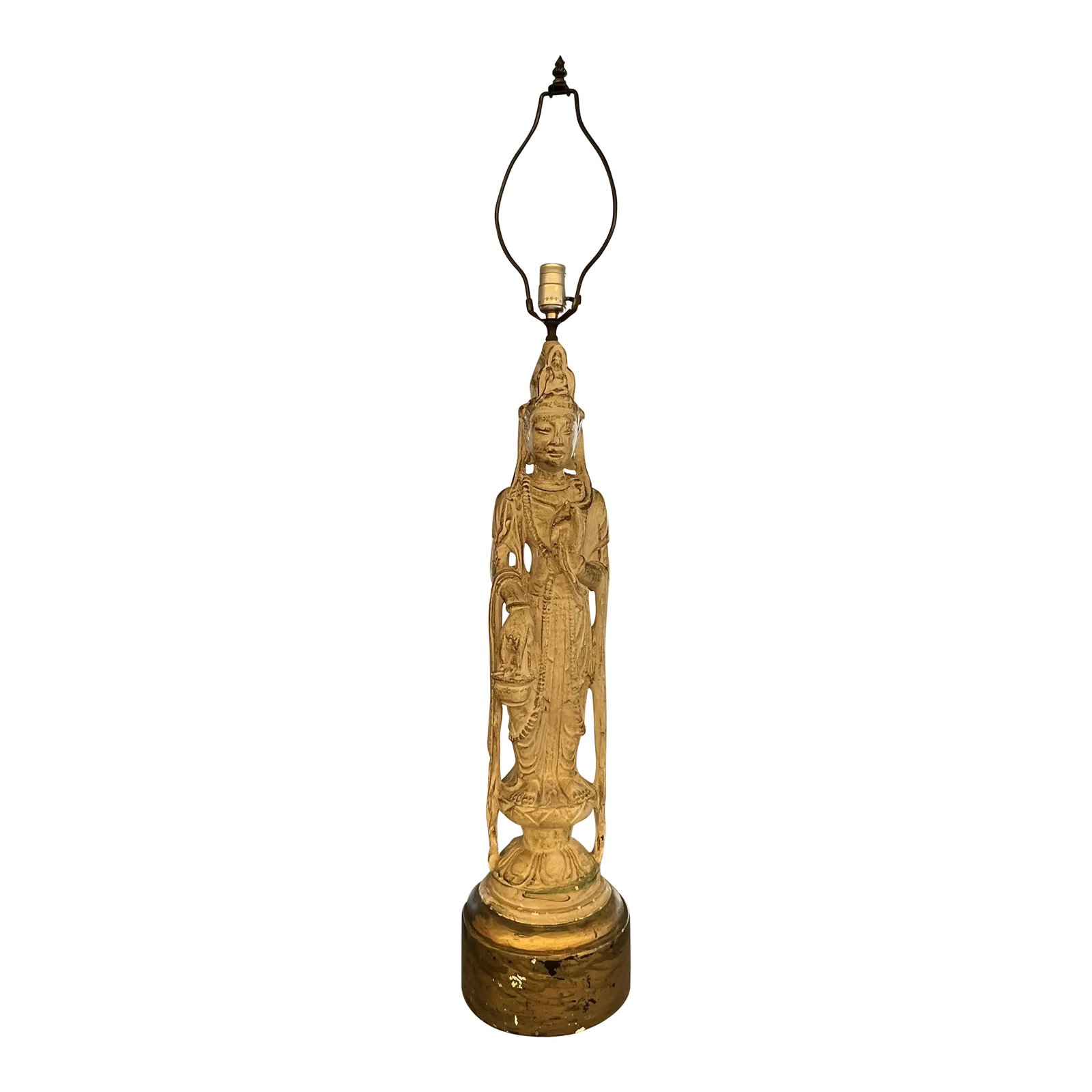 Early 20th Century Asian Quan Yin Lamp: Vintage Chalk-ware Buddha table lamp Hollywood regency Quan Yin Asian mid-century. Eggshell color with a patina look. Condition: Alterations: Original Condition Unaltered Imperfections: Some Imperfect