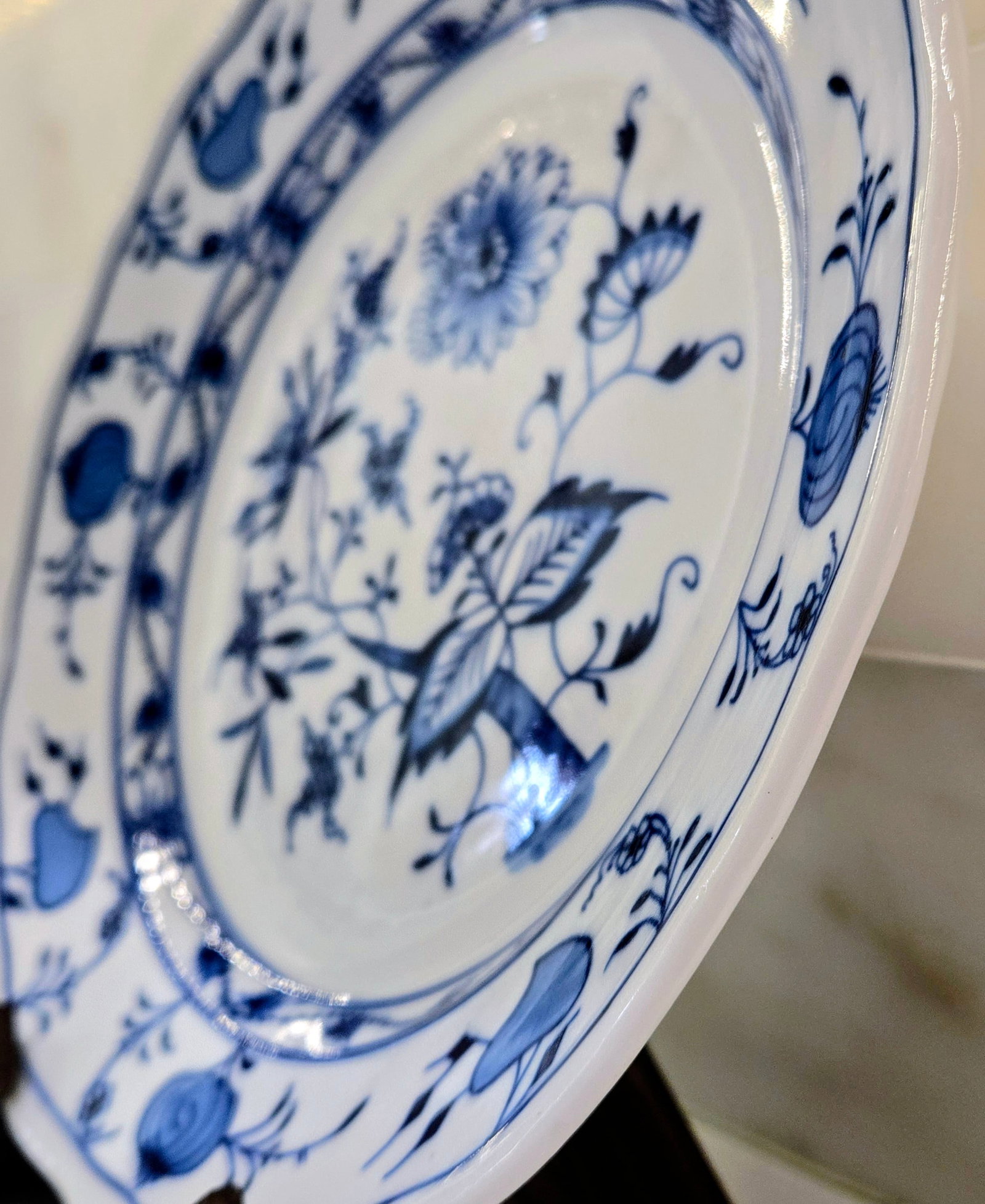 Meissen Blue Onion Oval Plates Set of 3 - Antique German Porcelain, Embossed "Meissen" & Oval Backst - 5