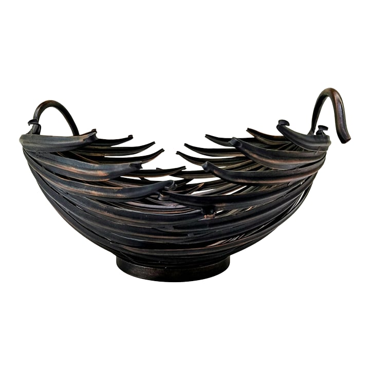 Palecek Sculptural Metal Palm Leaf Centerpiece Bowl - Made in Philippines Vintage: Striking vintage Palecek sculptural metal centerpiece bowl, crafted in the Philippines and designed to resemble layered palm leaves for a bold organic-modern look. The heavy, quality construction and 