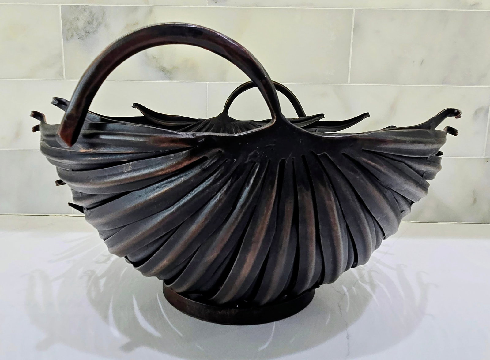 Palecek Sculptural Metal Palm Leaf Centerpiece Bowl - Made in Philippines Vintage - 5