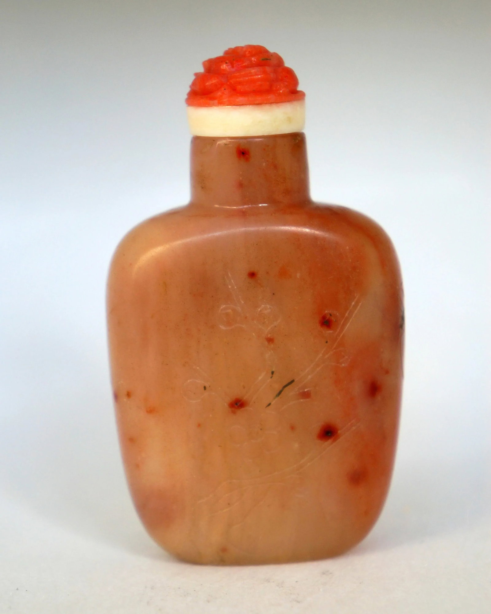 Vintage Apricoat Agate Snuff Bottle With Carving of Plum Blossoms and Bamboo - 11
