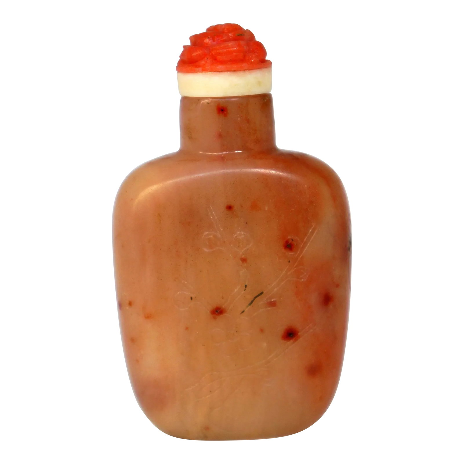 Vintage Apricoat Agate Snuff Bottle With Carving of Plum Blossoms and Bamboo: The pretty snuff bottle is made of a semi-precious stone noted for its apricot color. Apricot agate is a variegated from of Chalcedony, a fibrous form of Quartz. The bottle has a flattened