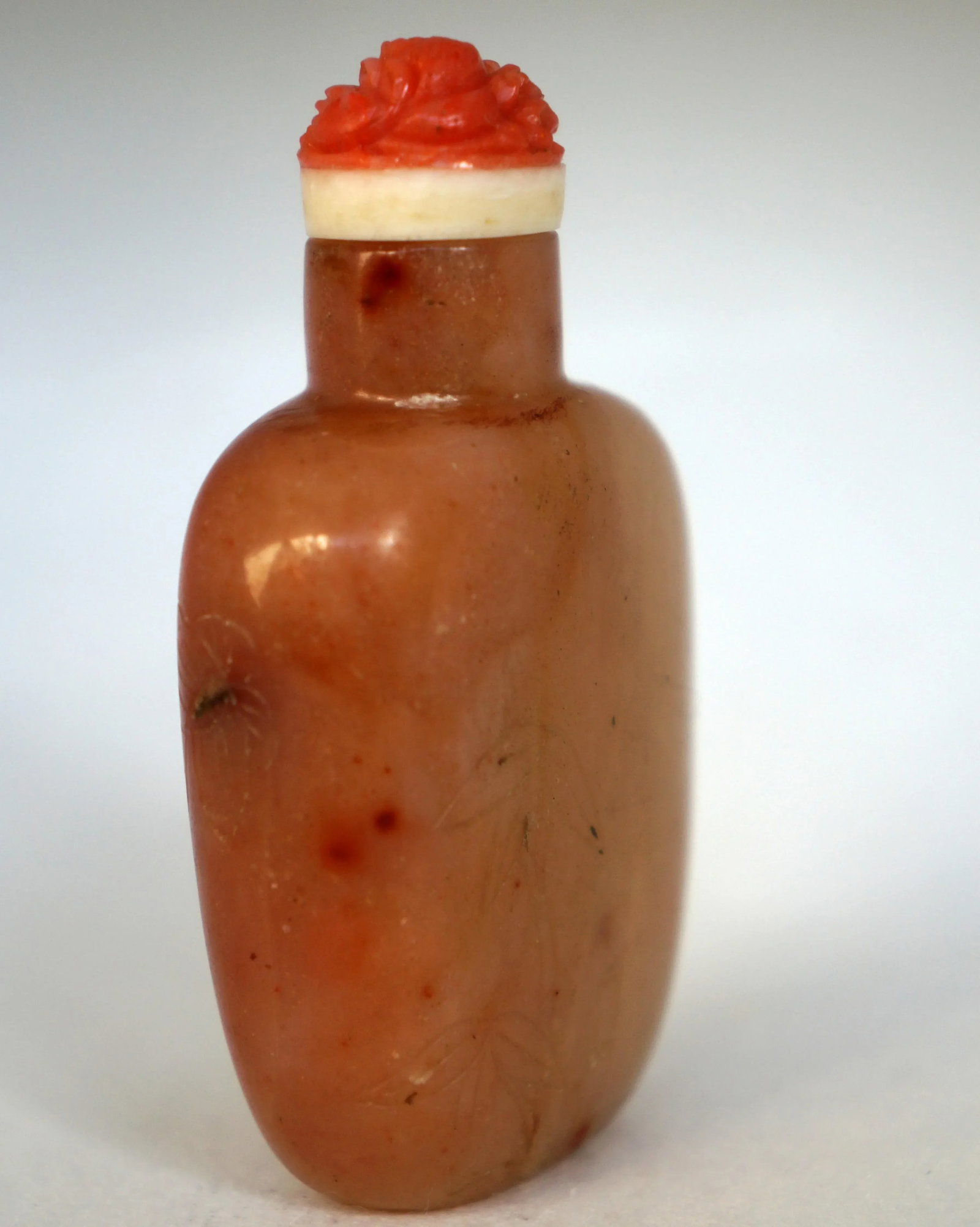 Vintage Apricoat Agate Snuff Bottle With Carving of Plum Blossoms and Bamboo - 4