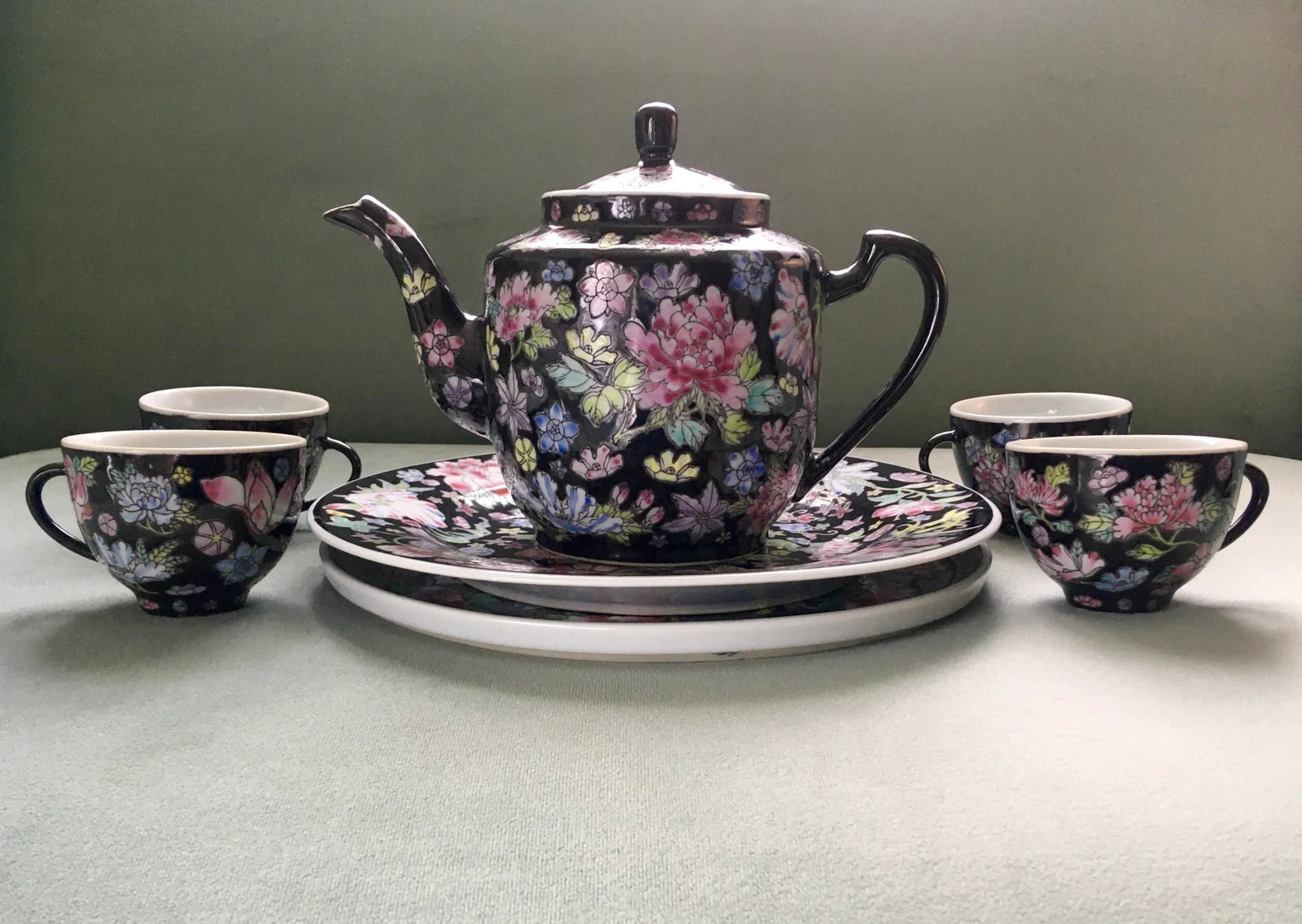 Vintage Chinese Jewel-Tone Floral Motif Export Pottery Tea Set - 7 Pieces - 12