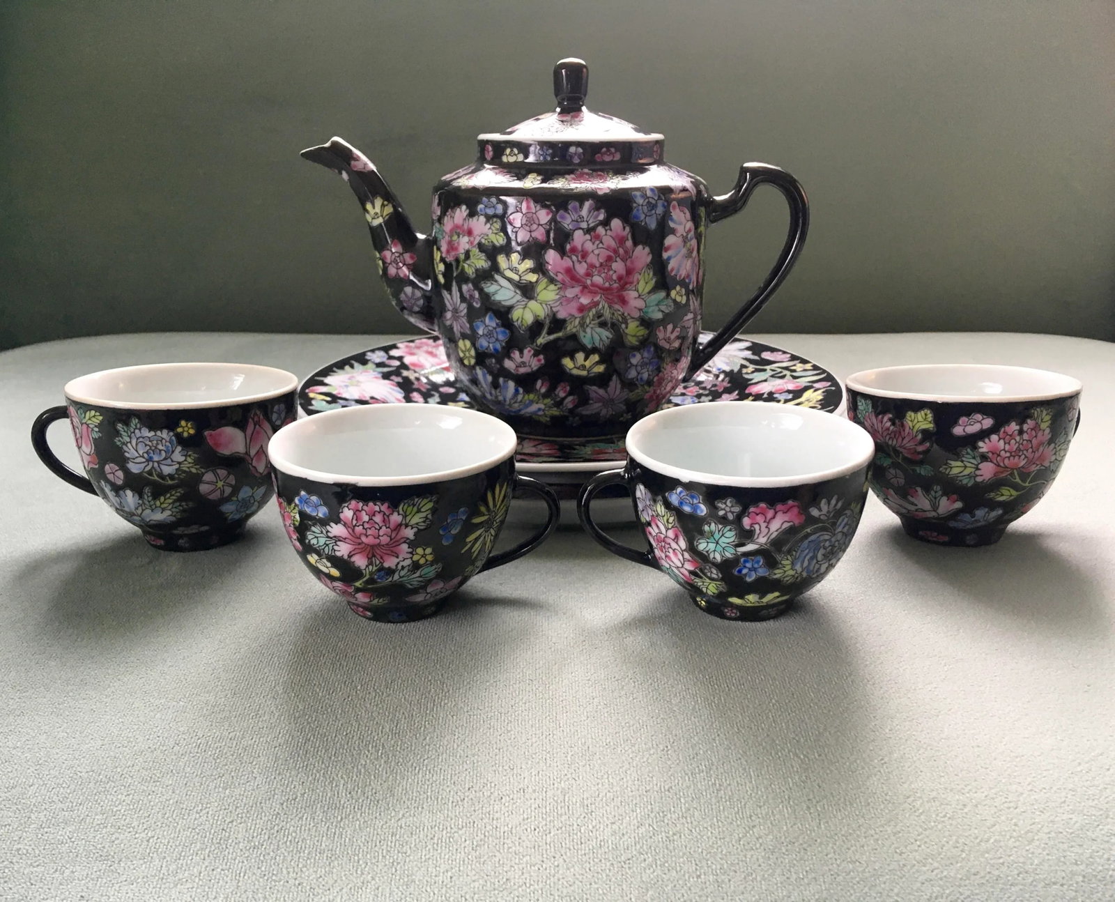 Vintage Chinese Jewel-Tone Floral Motif Export Pottery Tea Set - 7 Pieces - 13