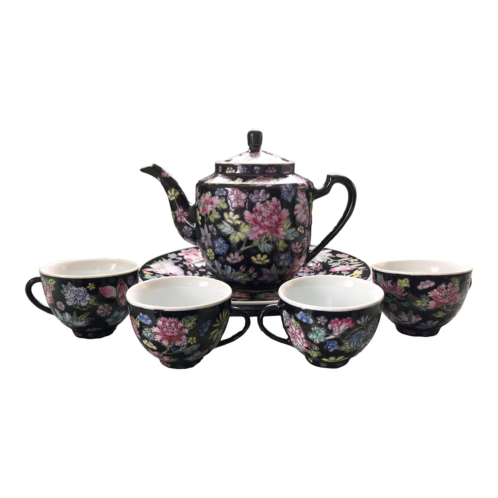 Vintage Chinese Jewel-Tone Floral Motif Export Pottery Tea Set - 7 Pieces: A mid 20th century Chinese tea set in excellent condition with no chips, cracks or crazing. The colors are bright and vibrant creating a striking effect in any space. This black background botanical t