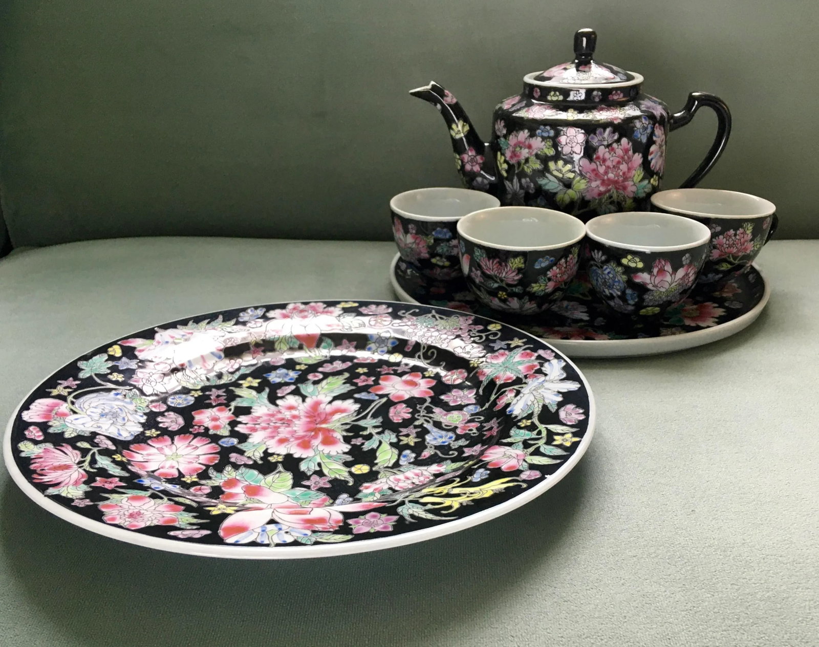 Vintage Chinese Jewel-Tone Floral Motif Export Pottery Tea Set - 7 Pieces - 2