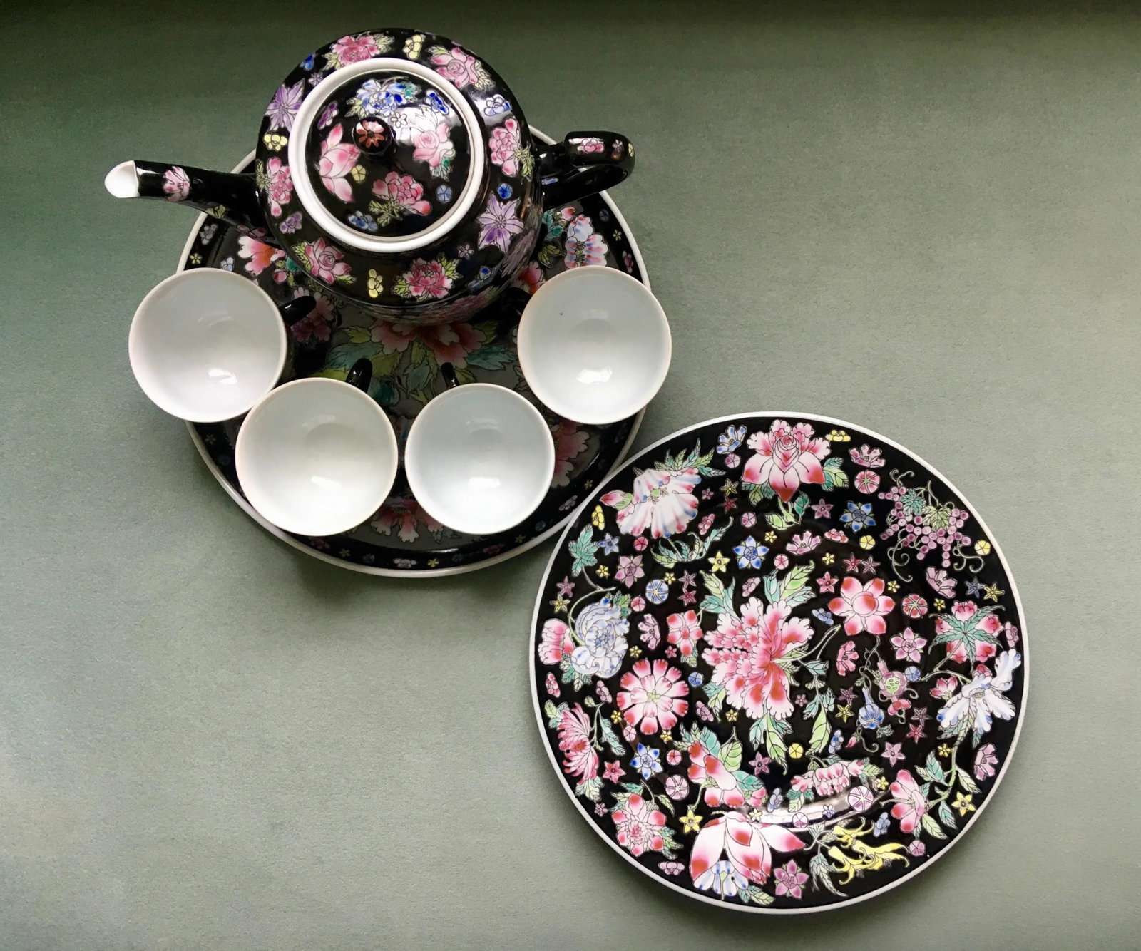 Vintage Chinese Jewel-Tone Floral Motif Export Pottery Tea Set - 7 Pieces - 3