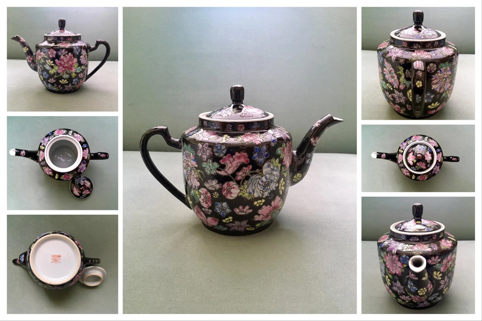 Vintage Chinese Jewel-Tone Floral Motif Export Pottery Tea Set - 7 Pieces - 6