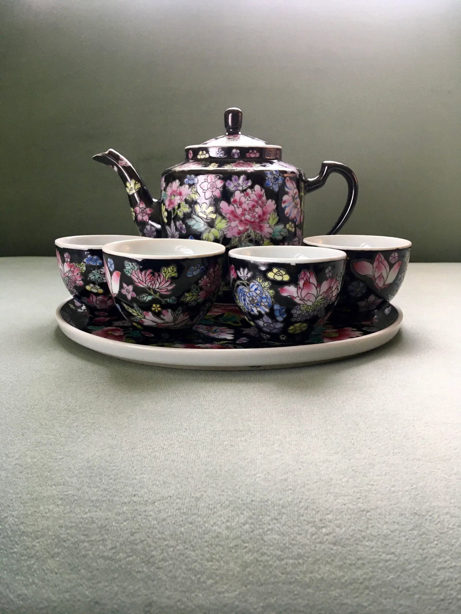 Vintage Chinese Jewel-Tone Floral Motif Export Pottery Tea Set - 7 Pieces - 7