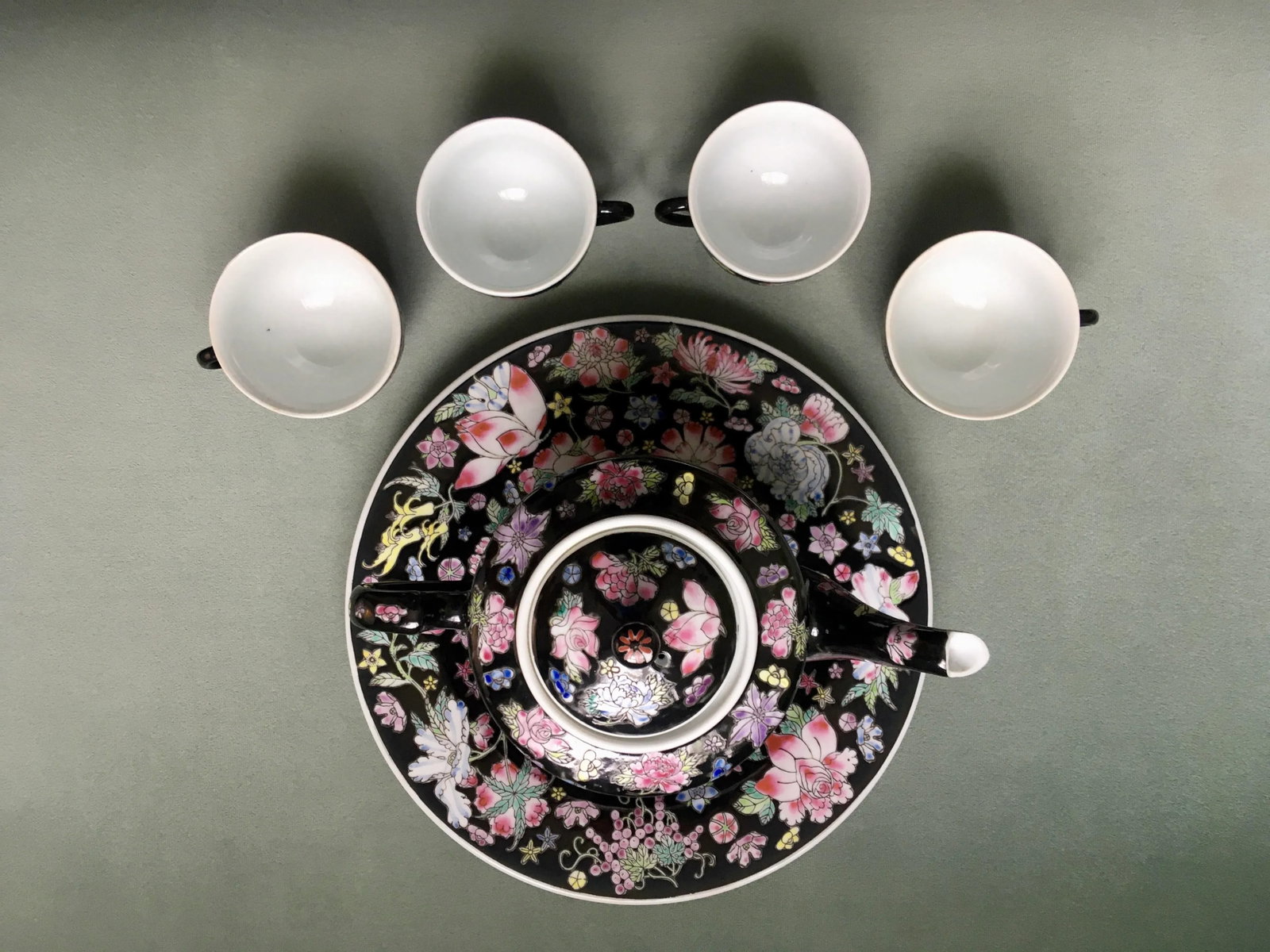 Vintage Chinese Jewel-Tone Floral Motif Export Pottery Tea Set - 7 Pieces - 9