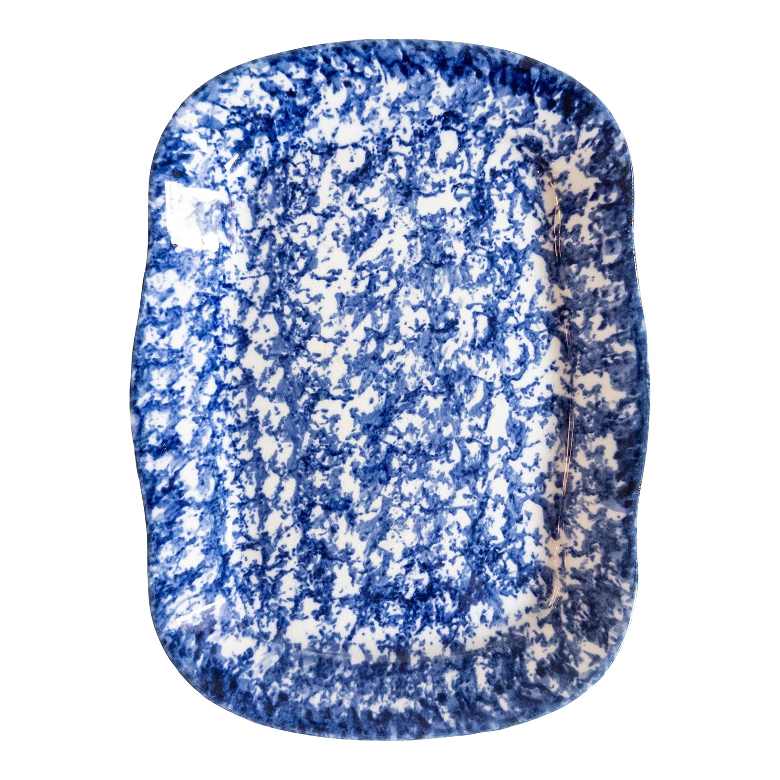 19th Century American Blue Spongeware Serving Platter: This is in excellent antique condition. There are no chips, cracks or flaws. Some minor crazing consistent with age. Beautiful shape on this spongeware serving platter. Deep blue and white colorway.