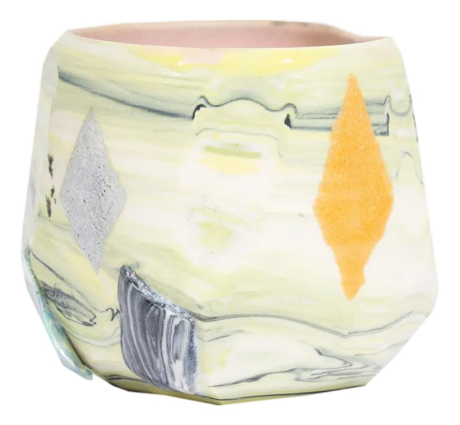 Studio Pottery Cup by Phillip Maberry: This studio pottery cup by the American ceramic artist Phillip Maberry (born 1951). Unsigned, this cup is streaked with lime green and blue and is accented with multicolored diamond shapes. The cup is