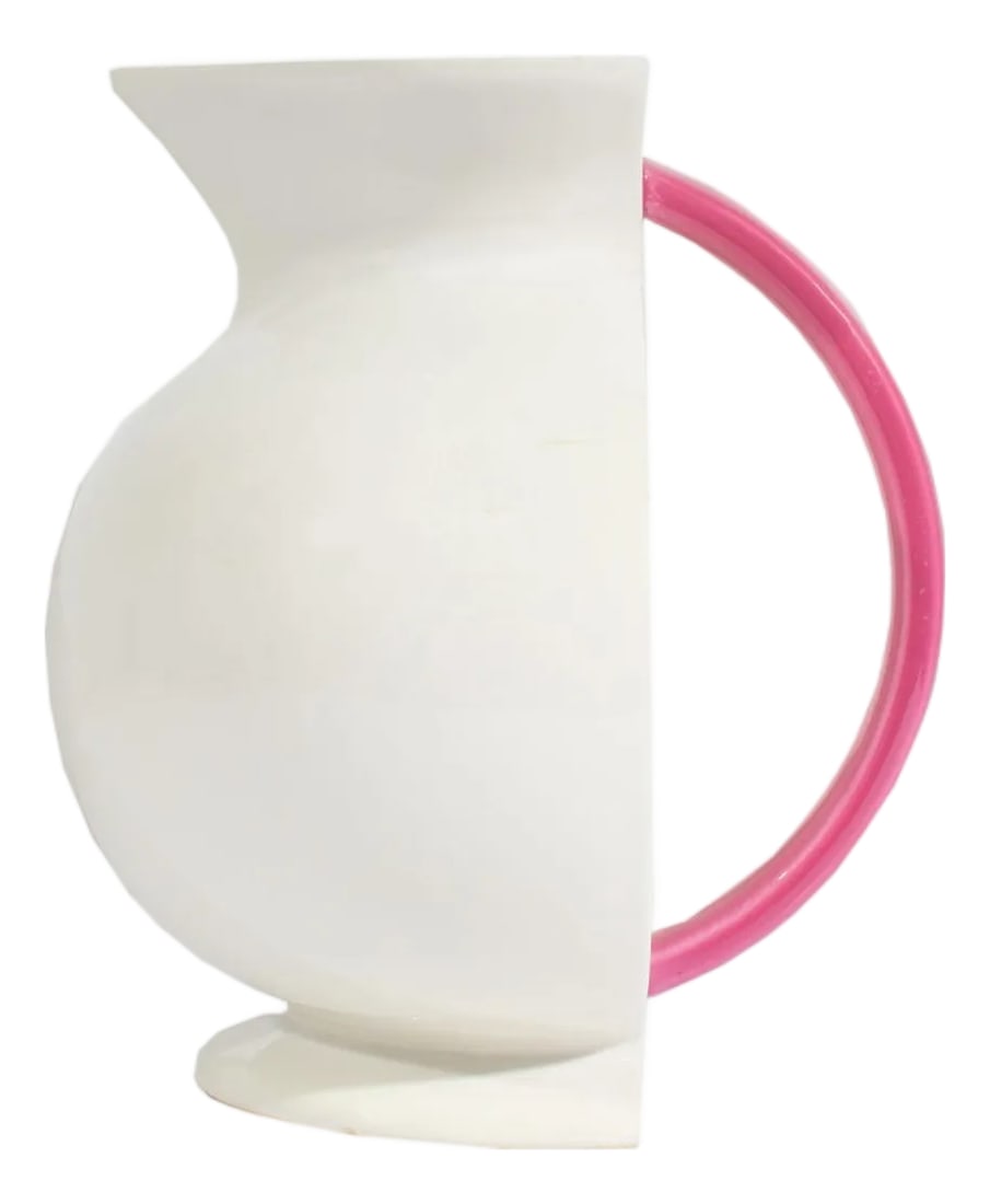 "Hollywood" Postmodern Pitcher by Marco Zanini for Bitossi: A Postmodern "Hollywood" ceramic pitcher designed by Italian architect and designer Marco Zanini (born 1954) for Bitossi. Made in Italy, this pitcher is white in color with a pink semicircular handle